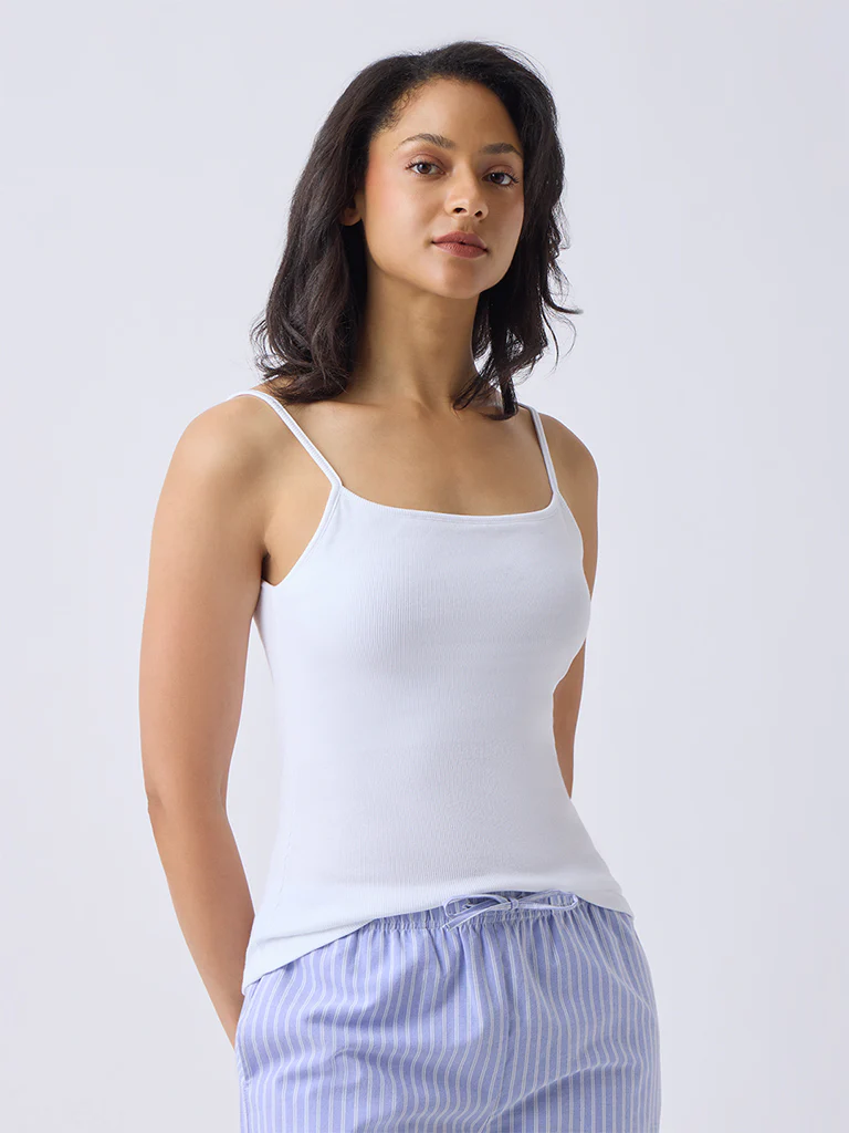 Wunderlove White Ribbed Cotton-Blend Camisole - Image 2