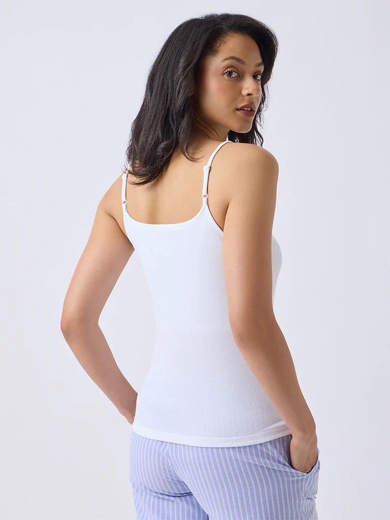 Wunderlove White Ribbed Cotton-Blend Camisole - Image 4