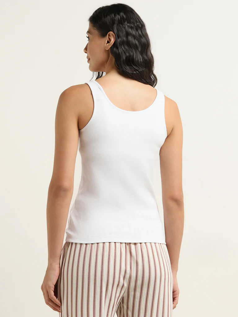 Wunderlove White Ribbed Textured Cotton-Blend Camisole - Image 4