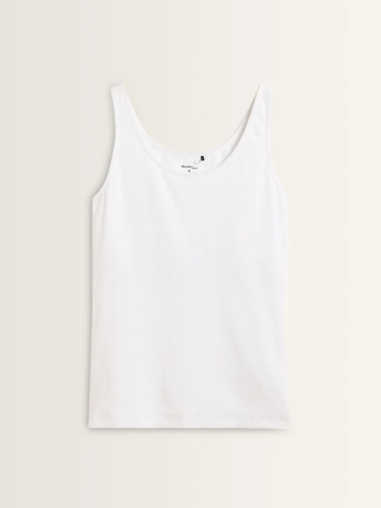 Wunderlove White Ribbed Textured Cotton-Blend Camisole - Image 5
