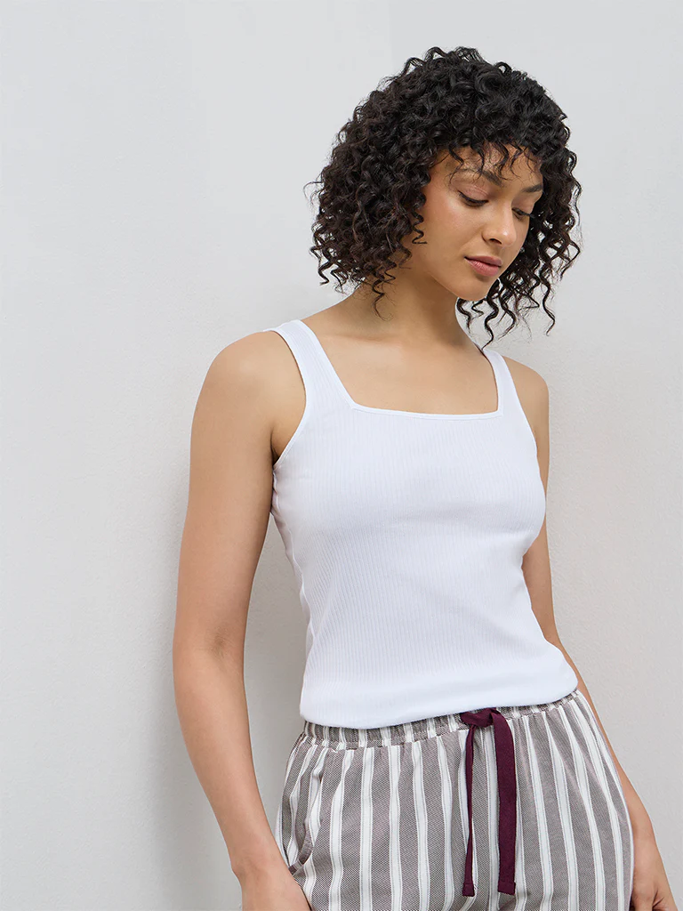 Wunderlove White Ribbed-Textured Cotton-Blend Camisole
