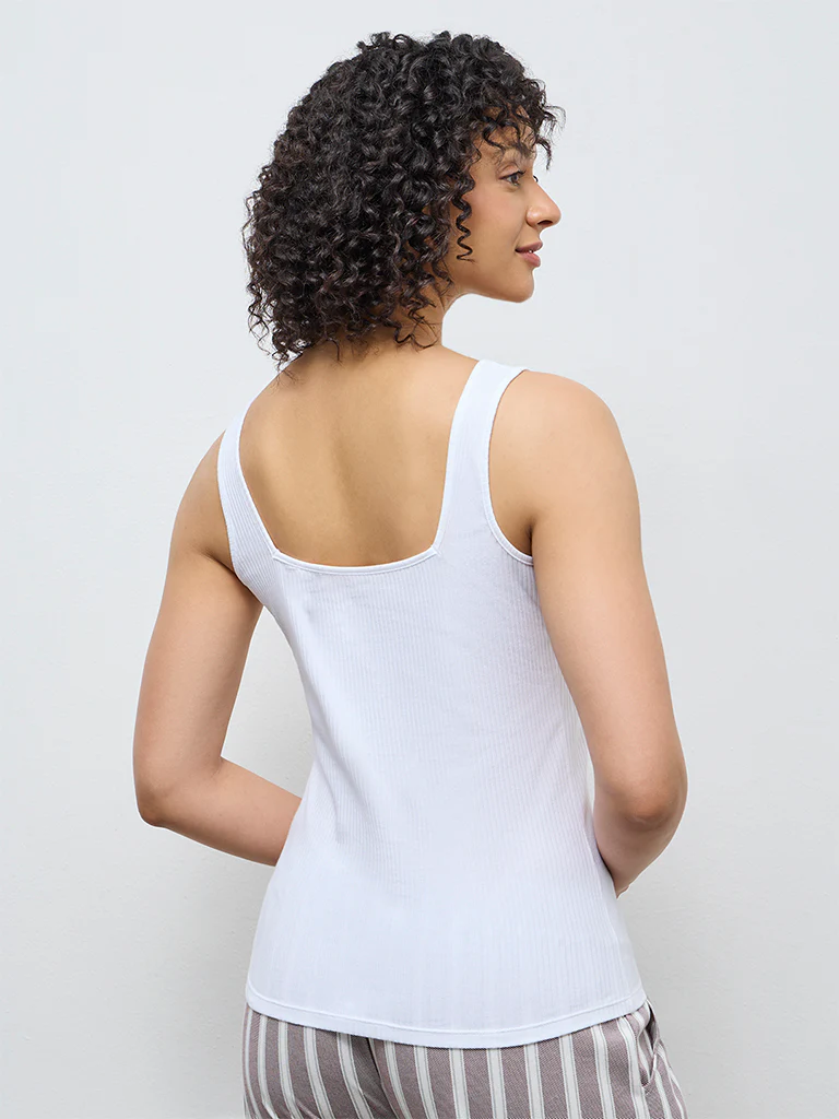 Wunderlove White Ribbed-Textured Cotton-Blend Camisole - Image 4