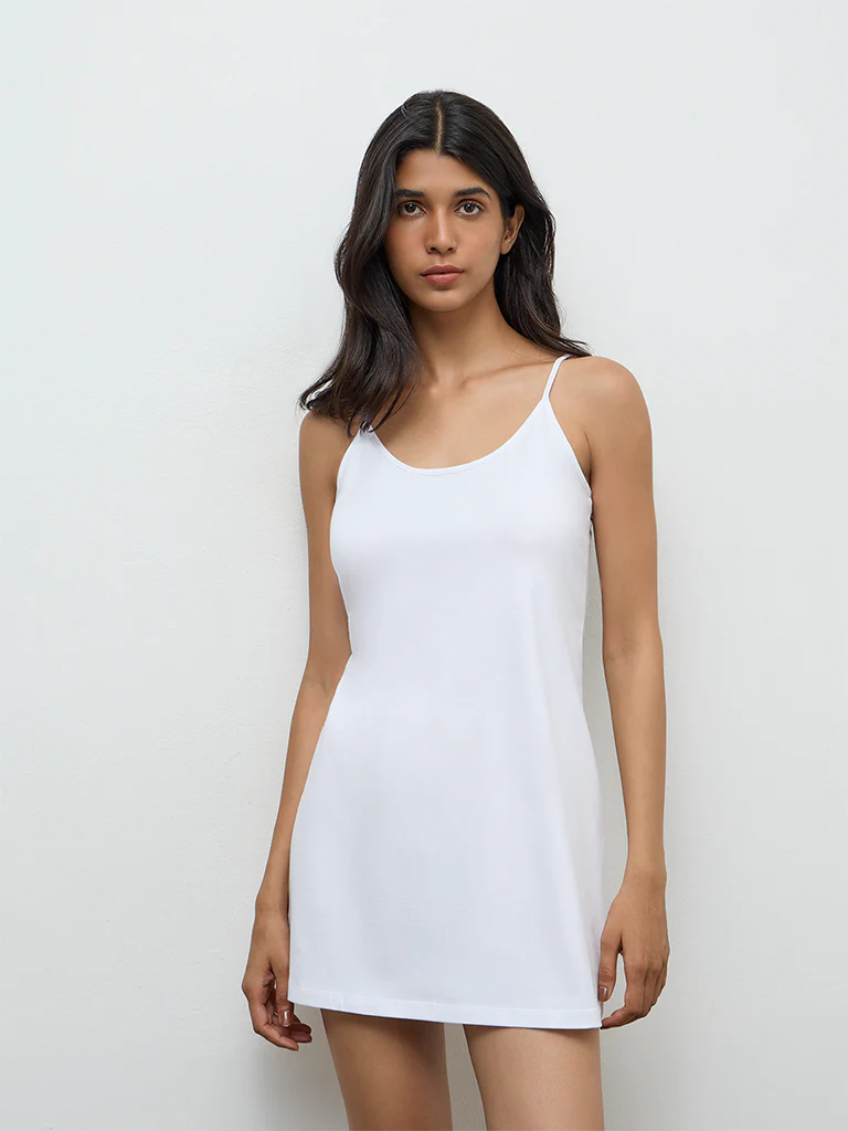 Wunderlove White Solid Cotton-Blend Slip Dress - Image 2
