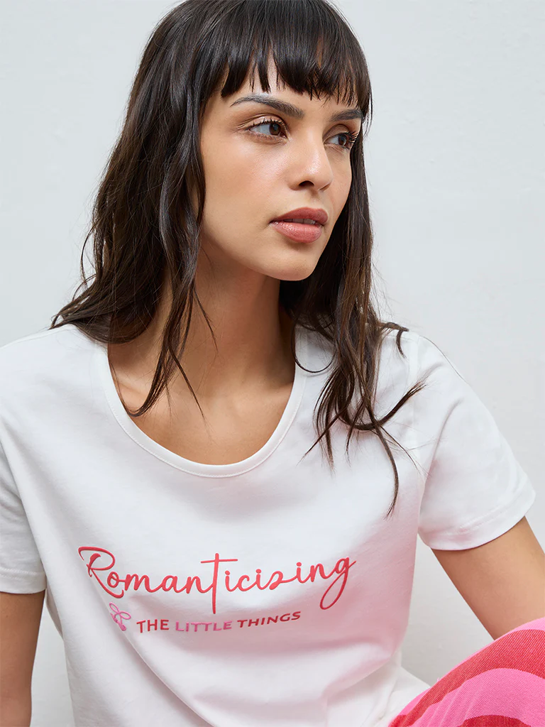 Wunderlove White Typographic Cotton T-Shirt - Image 3