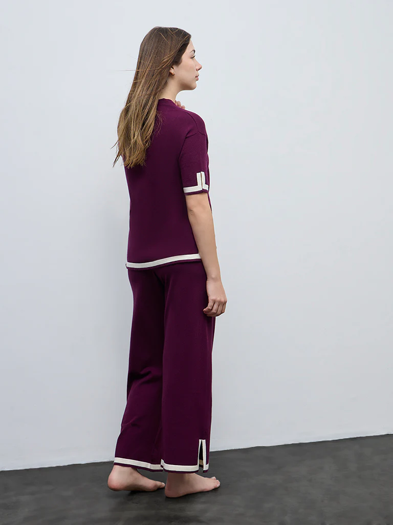 Wunderlove Wine Contrast Detailed High-Rise Pants - Image 4