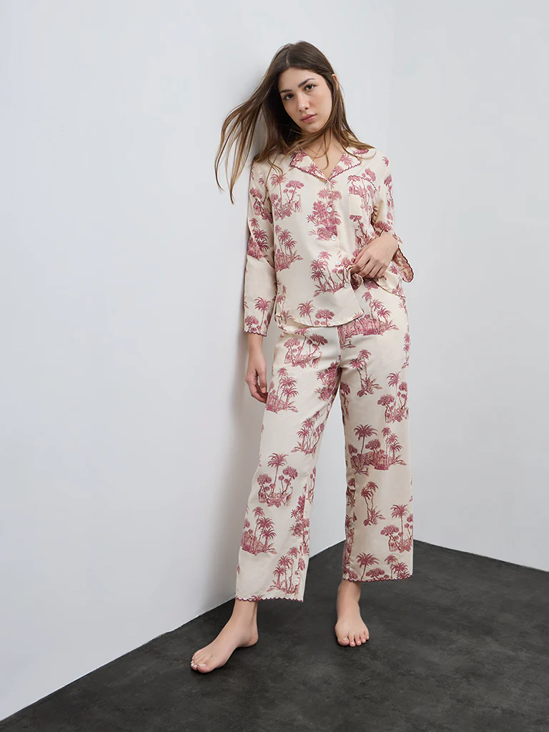 Wunderlove Wine Cotton Shirt and Pyjamas Set