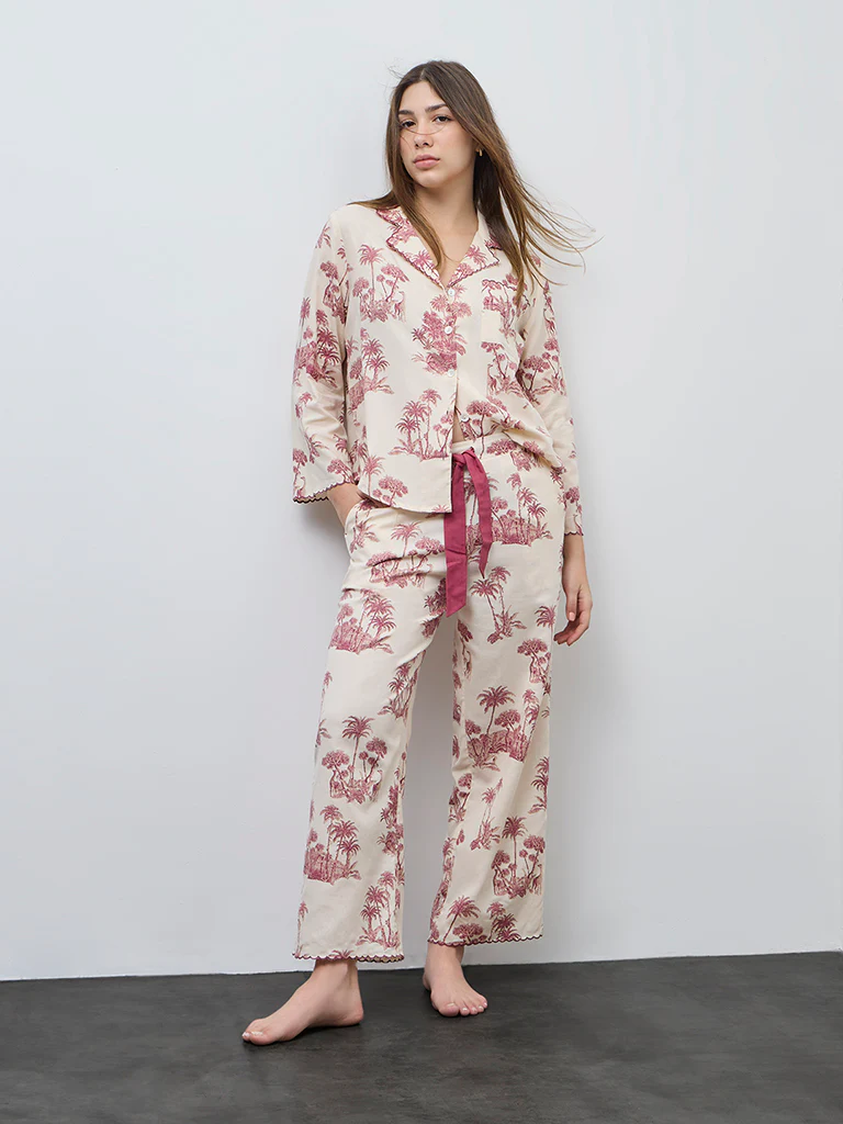 Wunderlove Wine Cotton Shirt and Pyjamas Set - Image 2