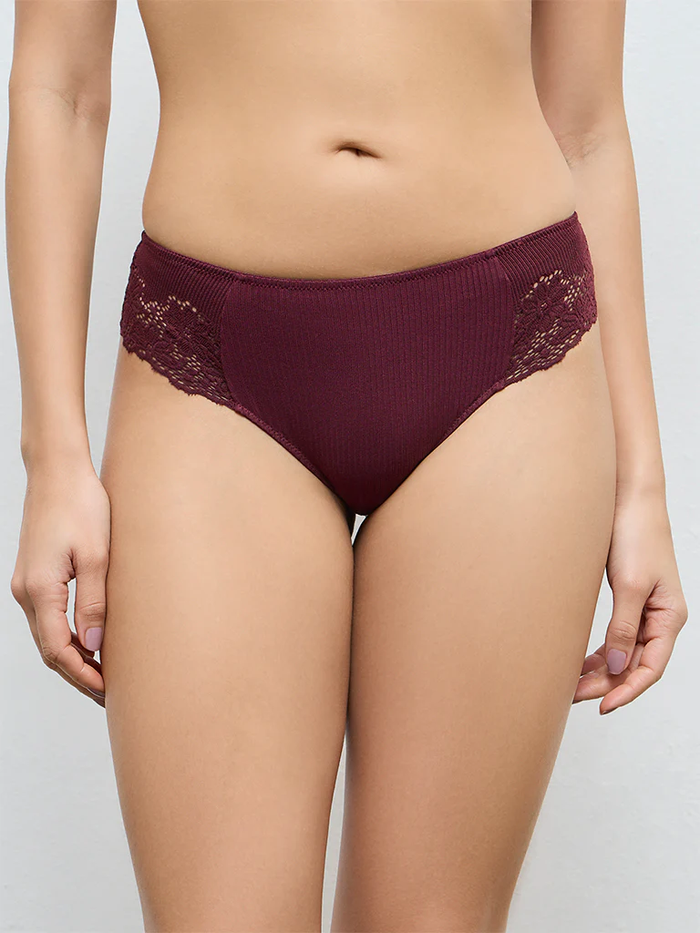 Wunderlove Wine Lace-Detailed Hipster Briefs - Image 2
