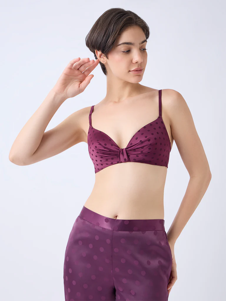 Wunderlove Wine Polka Dot Satin Padded Bra - Image 2