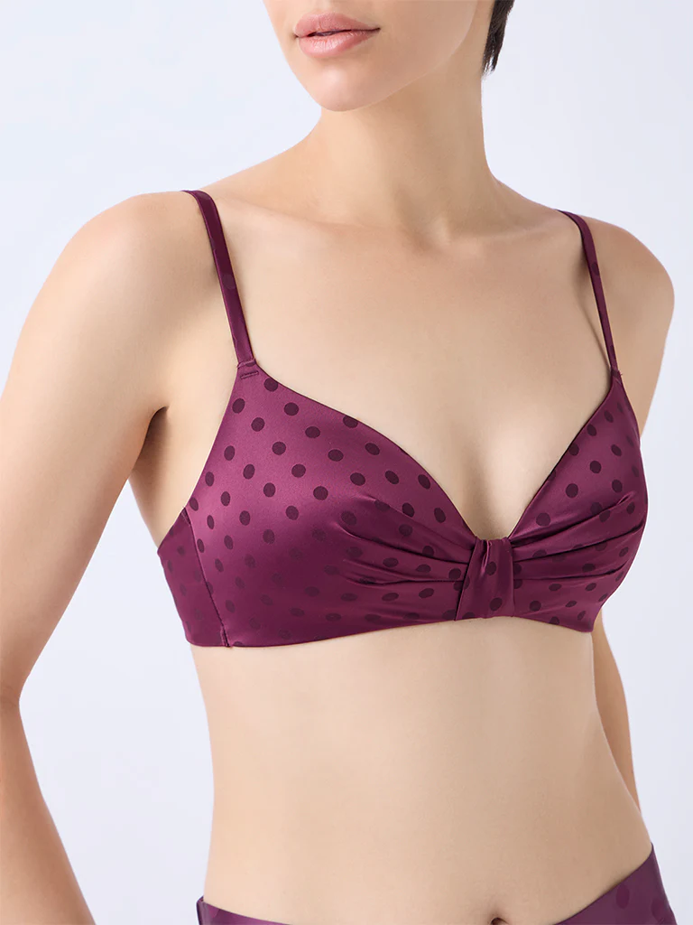 Wunderlove Wine Polka Dot Satin Padded Bra - Image 3