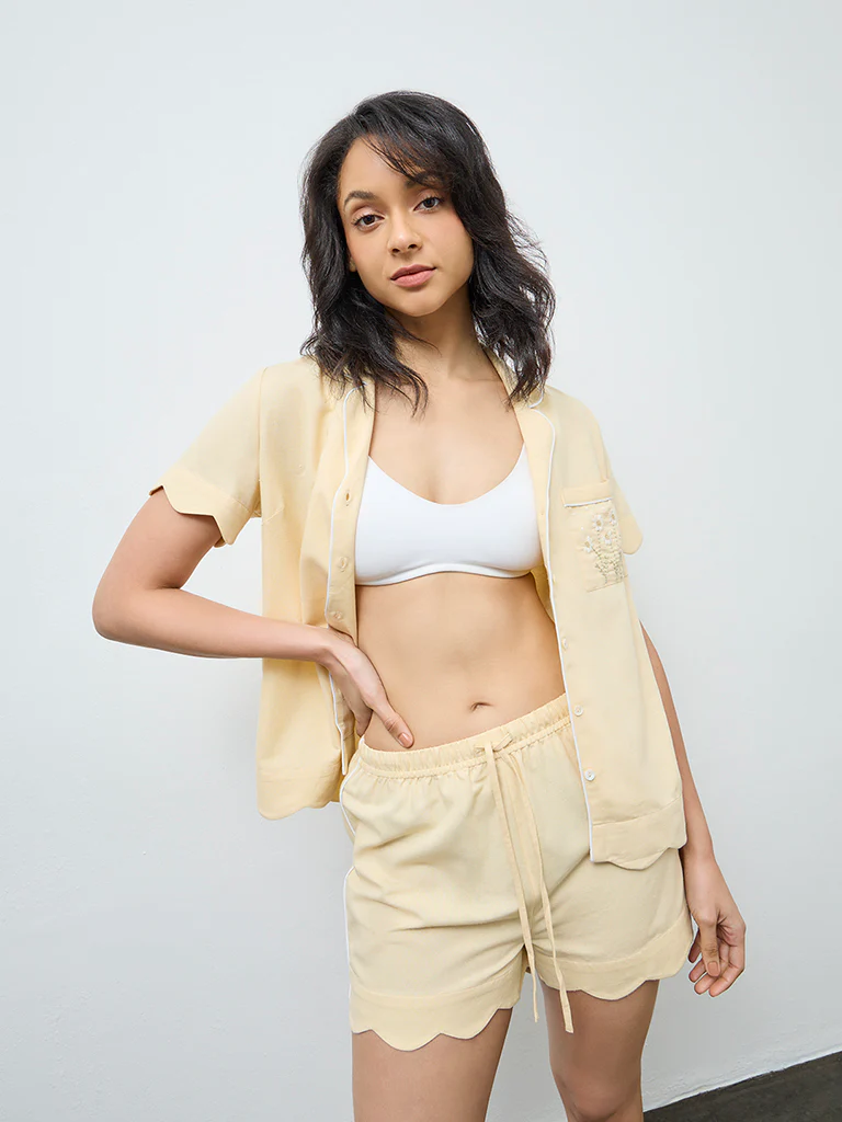 Wunderlove Yellow Embroidered Cotton Shirt and Shorts Set - Image 2