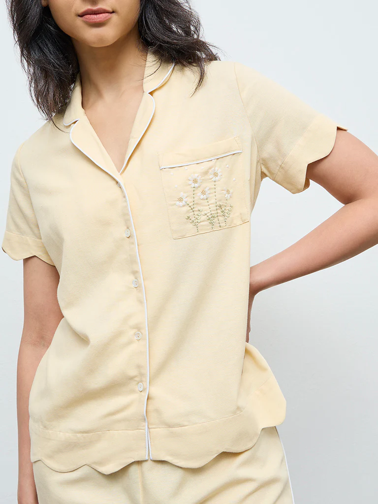 Wunderlove Yellow Embroidered Cotton Shirt and Shorts Set - Image 3