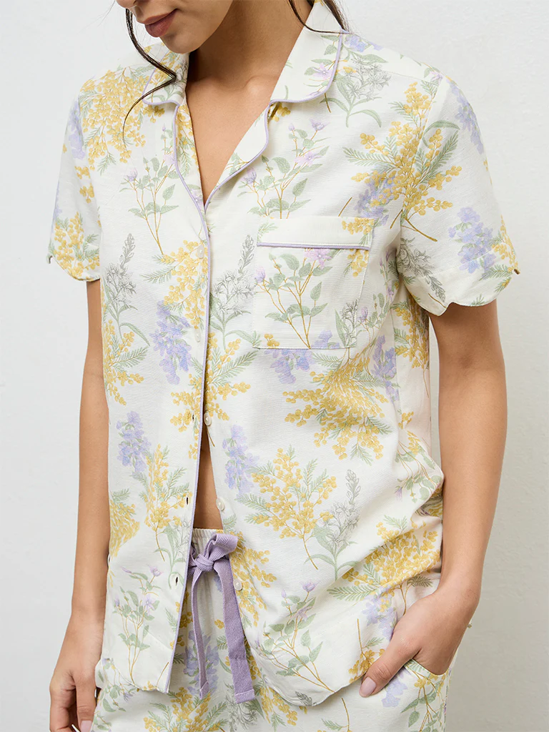 Wunderlove Yellow Floral Printed Shirt and Pyjamas Set - Image 3