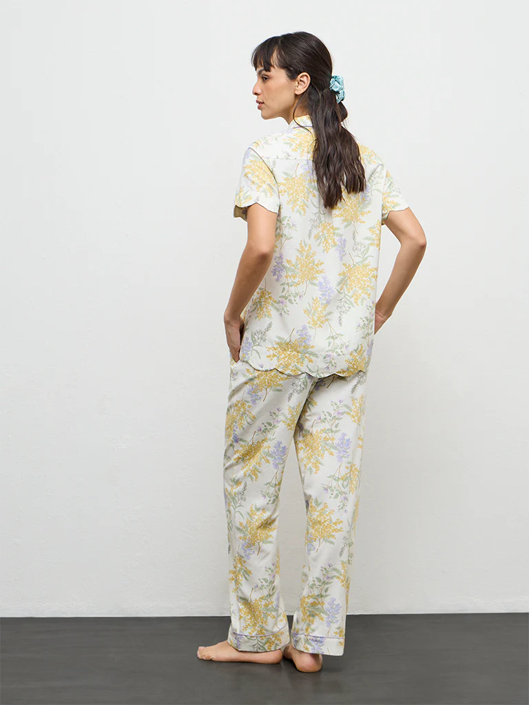 Wunderlove Yellow Floral Printed Shirt and Pyjamas Set - Image 4