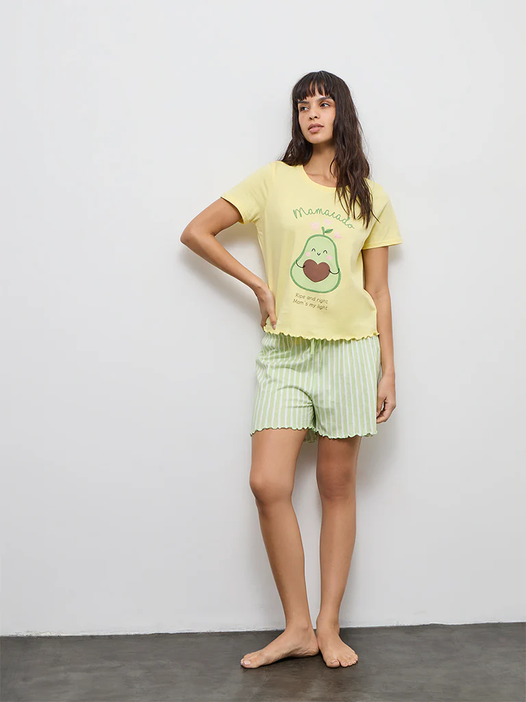 Wunderlove Yellow Printed Cotton T-Shirt and Shorts Set - Image 2