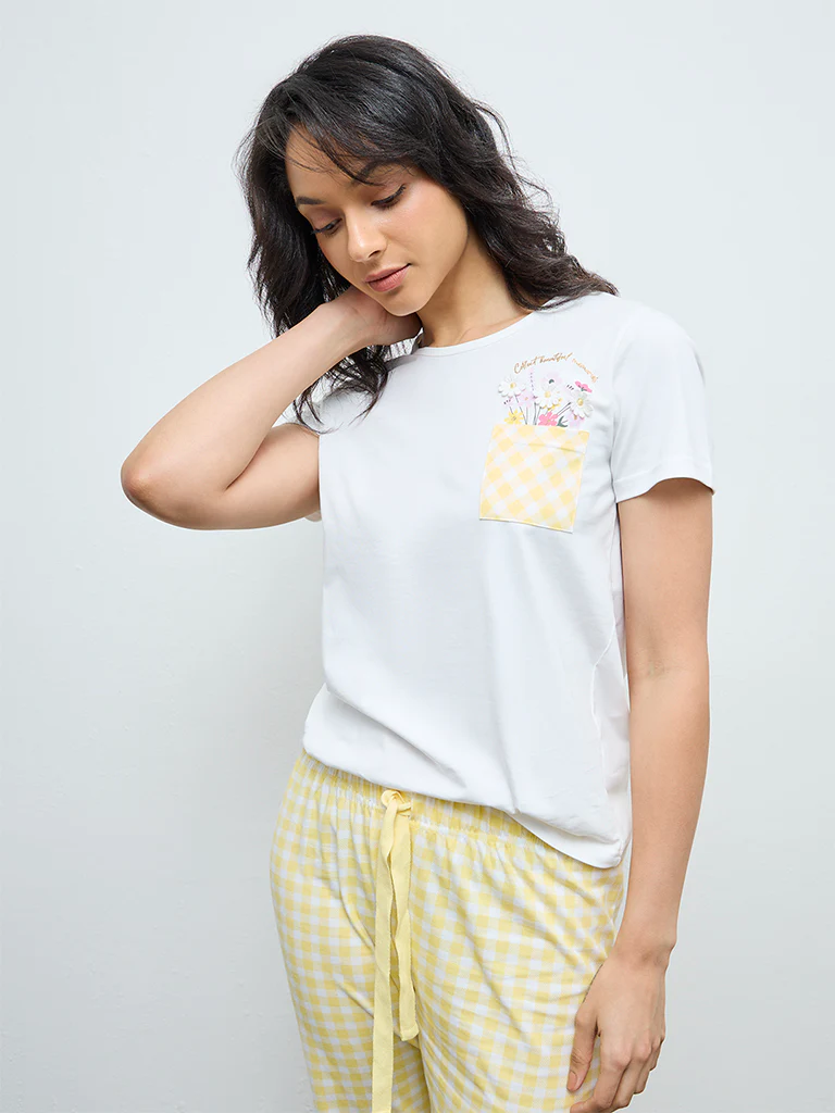 Wunderlove Yellow Printed Embroidered Cotton Pyjama Set - Image 3