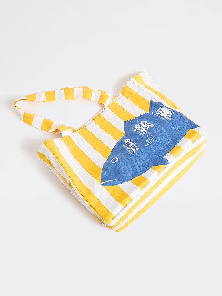Wunderlove Yellow Stripe-Printed Canvas Tote Bag - Image 2