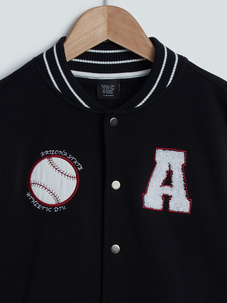 Y&F Kids Black Printed Cotton-Blend Varsity Jacket - Image 4