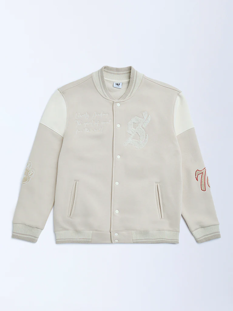 Y&F Kids Boys Beige Animal Printed Cotton-Blend Varsity Jacket