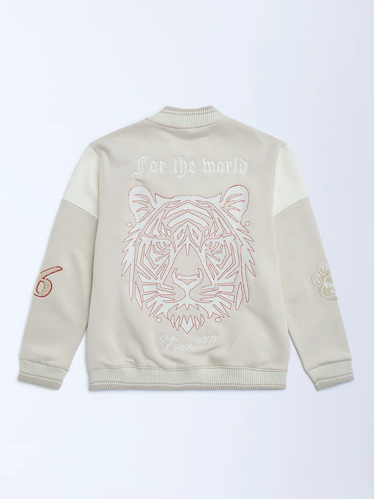 Y&F Kids Boys Beige Animal Printed Cotton-Blend Varsity Jacket - Image 2