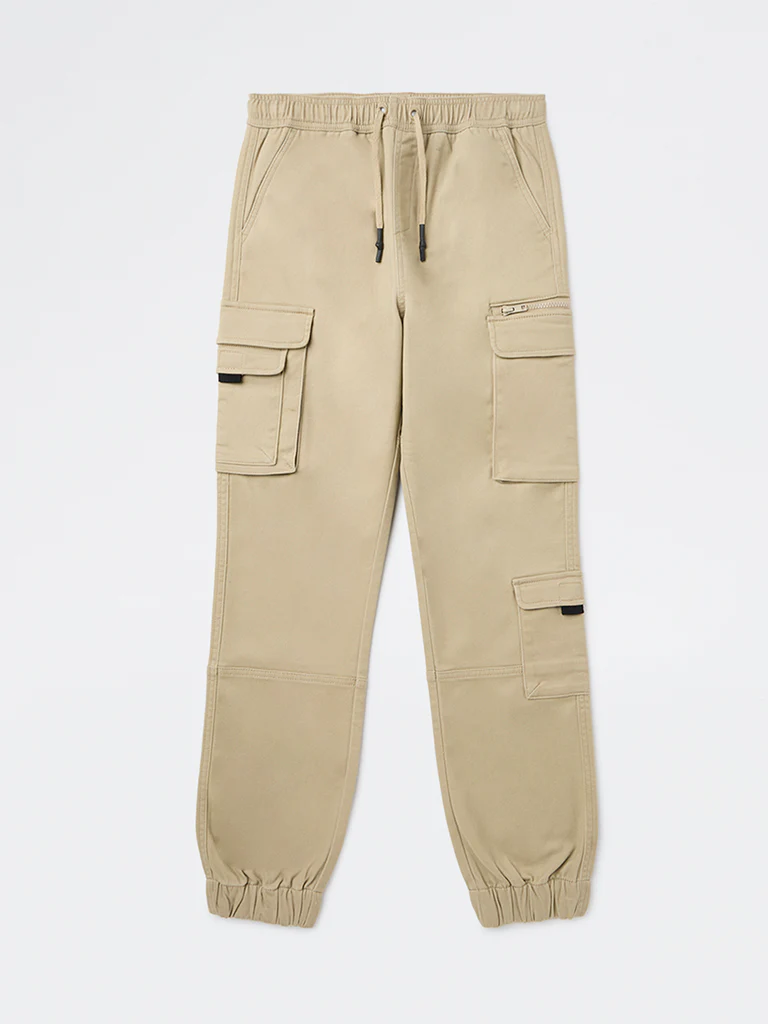Y&F Kids Boys Beige Cargo-Style Mid-Rise Cotton-Blend Joggers - Image 3