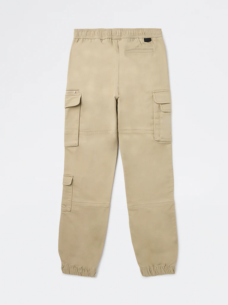 Y&F Kids Boys Beige Cargo-Style Mid-Rise Cotton-Blend Joggers - Image 4