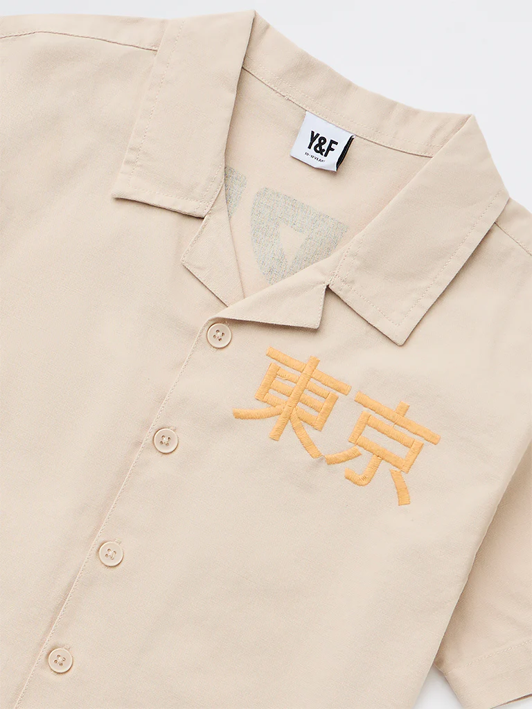 Y&F Kids Boys Beige Graphic Printed Cotton Shirt - Image 3