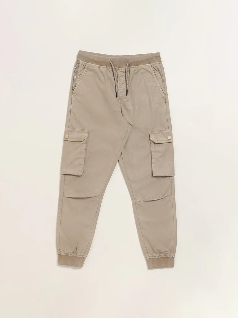 Y&F Kids Boys Beige Mid-Rise Cotton Cargo Joggers