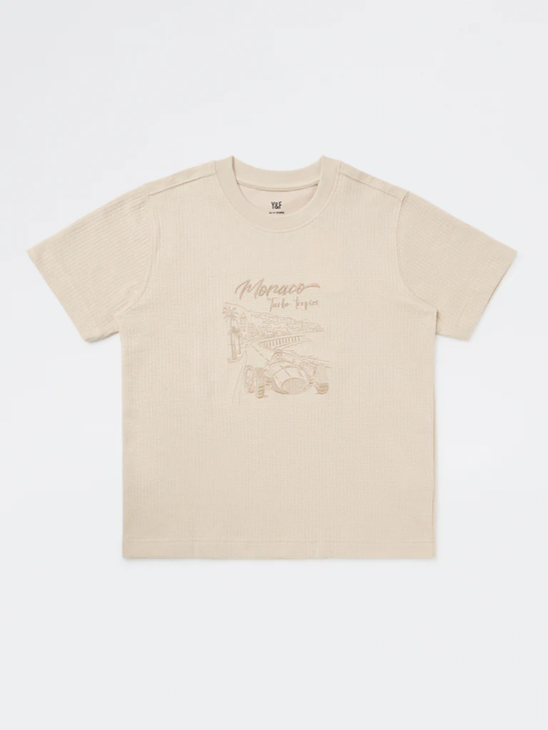 Y&F Kids Boys Beige Printed Cotton-Blend T-Shirt - Image 3