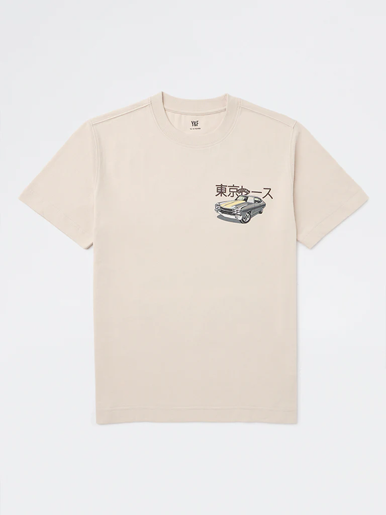 Y&F Kids Boys Beige Printed Cotton T-Shirt - Image 2