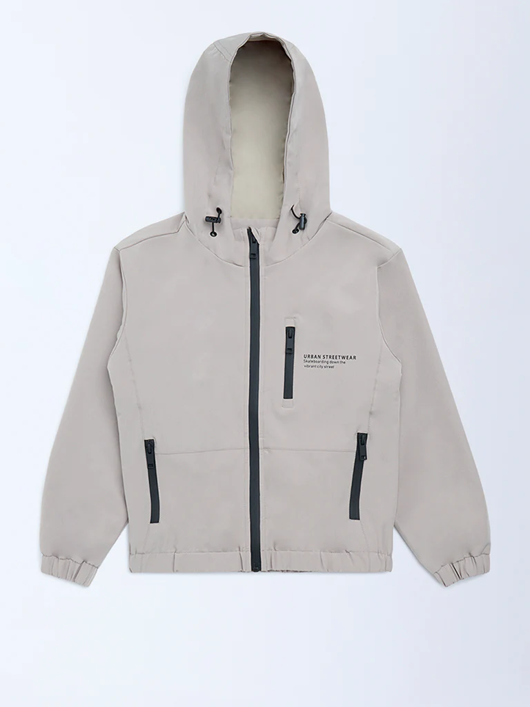 Y&F Kids Boys Beige Text Detailed Hooded Jacket