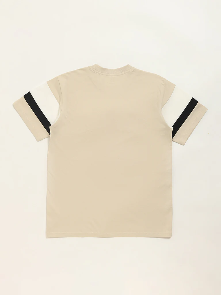 Y&F Kids Boys Beige Text Pattern Cotton T-Shirt - Image 3