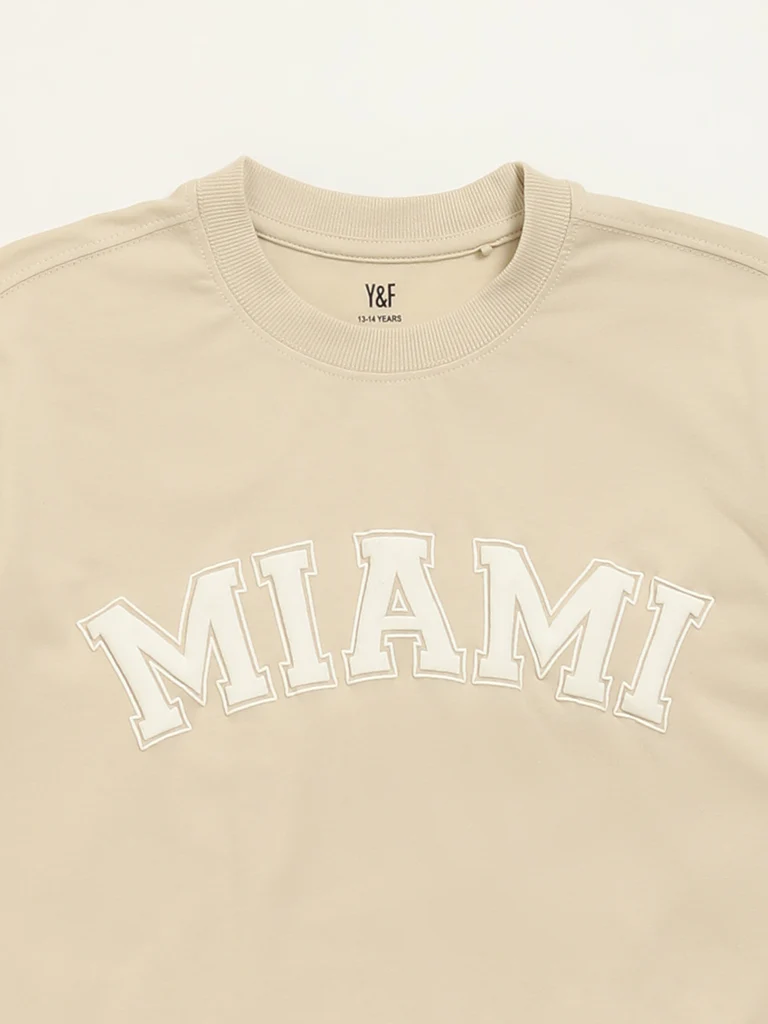 Y&F Kids Boys Beige Text Pattern Cotton T-Shirt - Image 4