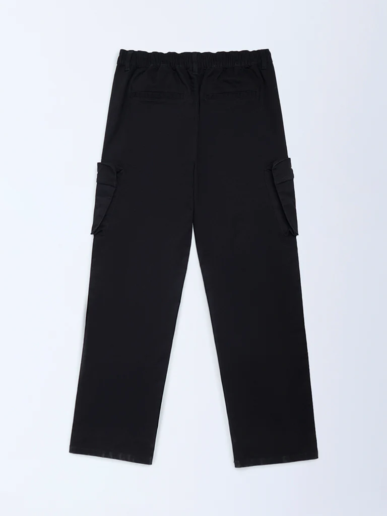 Y&F Kids Boys Black Cargo-Style Mid-Rise Cotton-Blend Trousers - Image 2