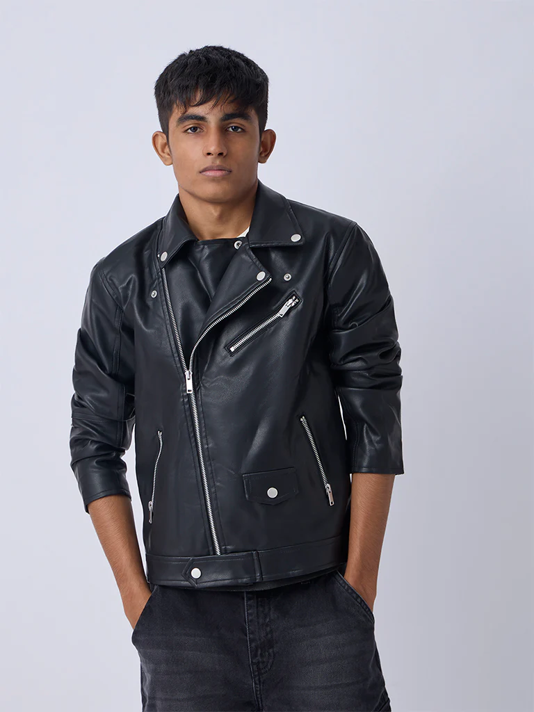 Y&F Kids Boys Black Faux-Leather Jacket - Image 2