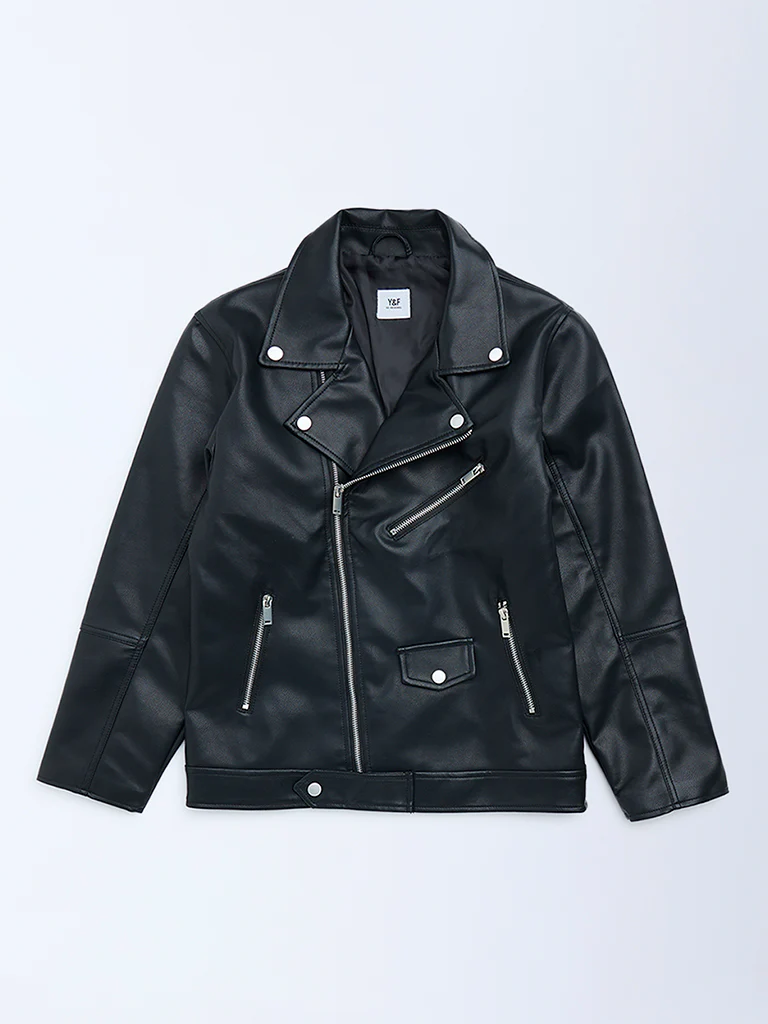 Y&F Kids Boys Black Faux-Leather Jacket - Image 3