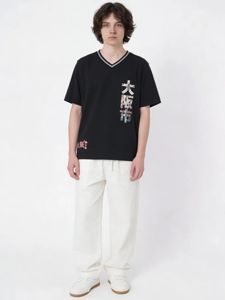 Y&F Kids Boys Black Japanese Text-Printed Cotton T-Shirt