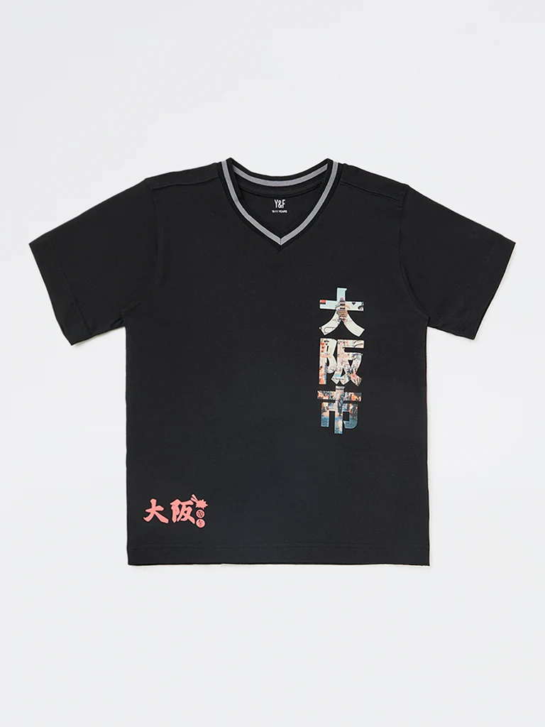 Y&F Kids Boys Black Japanese Text-Printed Cotton T-Shirt - Image 3