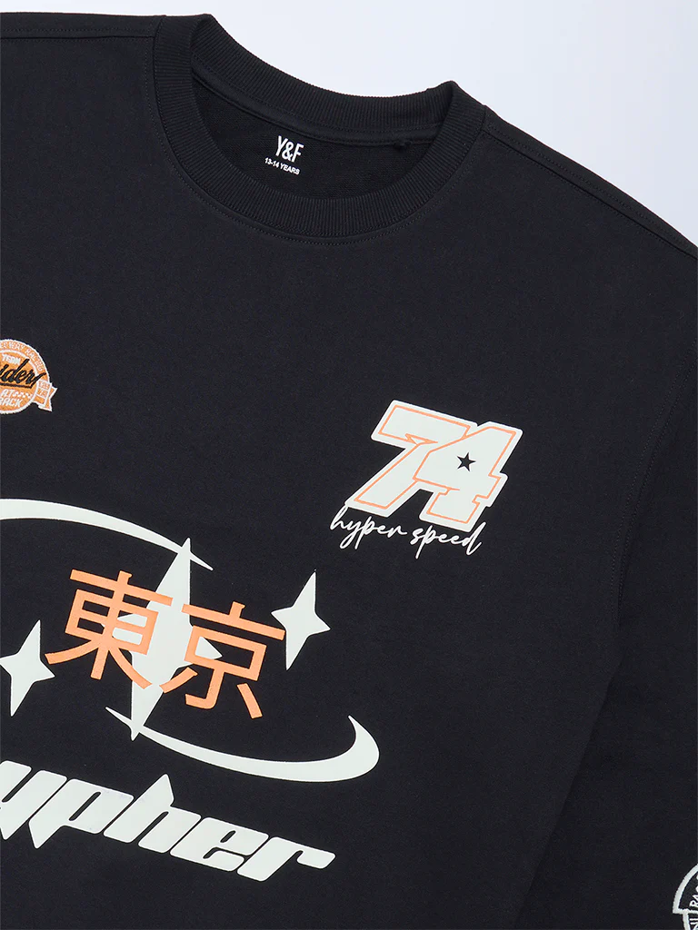Y&F Kids Boys Black Printed Cotton-Blend Sweatshirt - Image 3