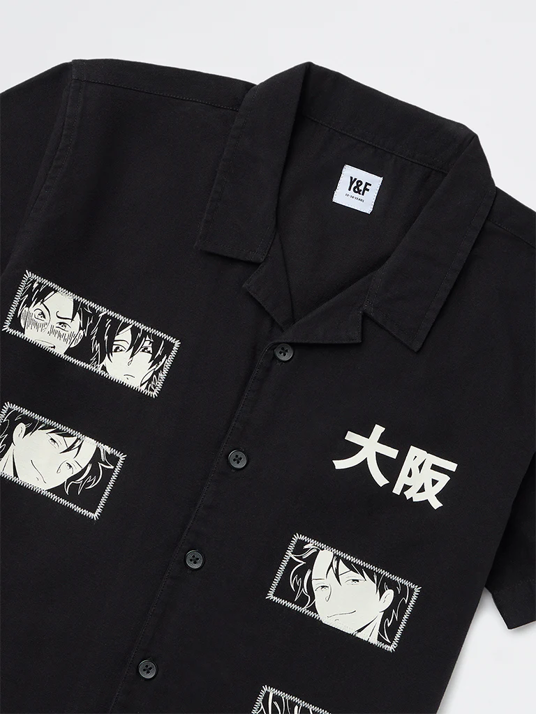 Y&F Kids Boys Black Printed Cotton Shirt - Image 3