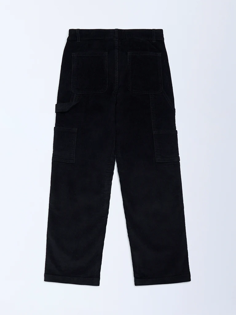 Y&F Kids Boys Black Relaxed-Fit Mid-Rise Corduroy Trousers - Image 2