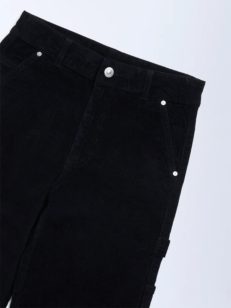 Y&F Kids Boys Black Relaxed-Fit Mid-Rise Corduroy Trousers - Image 3