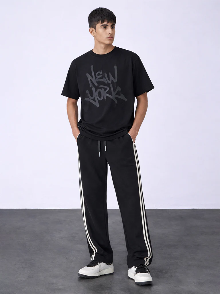 Y&F Kids Boys Black Striped Mid-Rise Cotton-Blend Track Pants