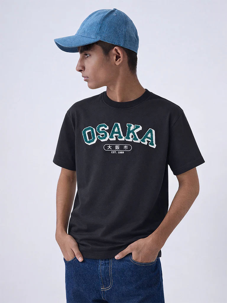 Y&F Kids Boys Black Text Detailed Cotton T-Shirt