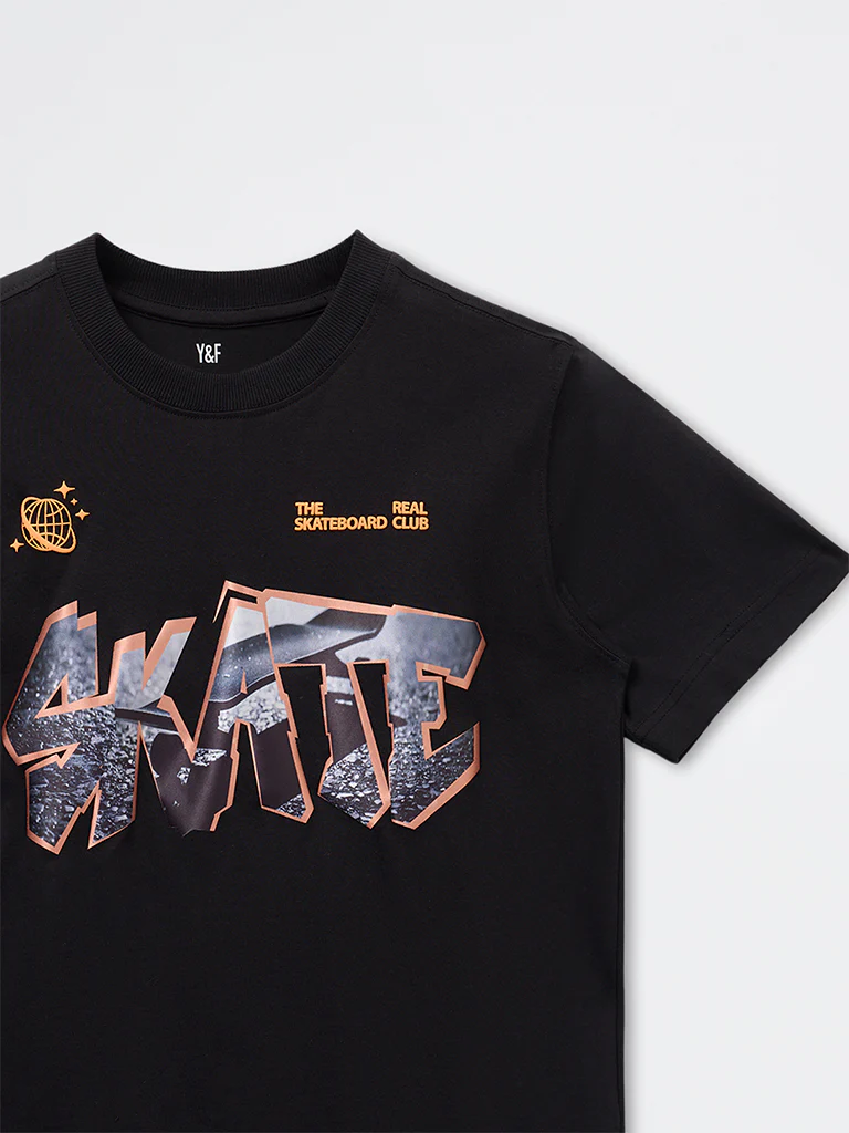 Y&F Kids Boys Black Text Printed Cotton T-Shirt - Image 3