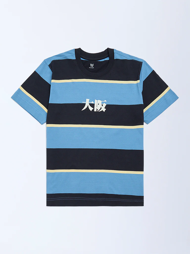 Y&F Kids Boys Blue Colour-Blocked Cotton T-Shirt