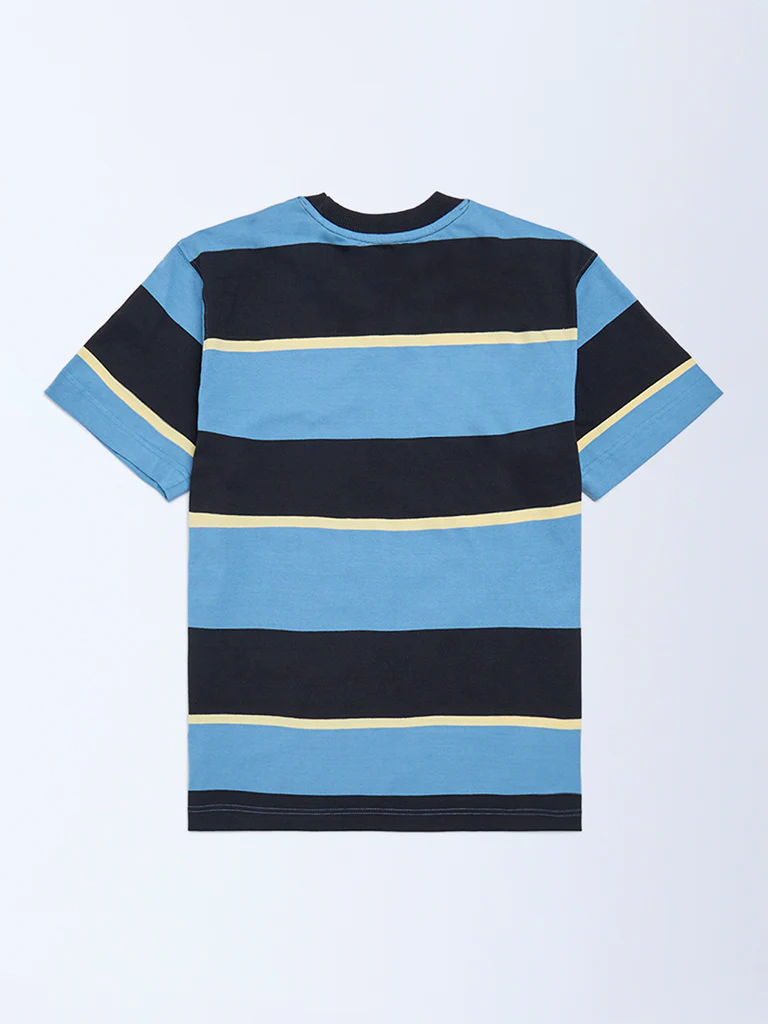 Y&F Kids Boys Blue Colour-Blocked Cotton T-Shirt - Image 2