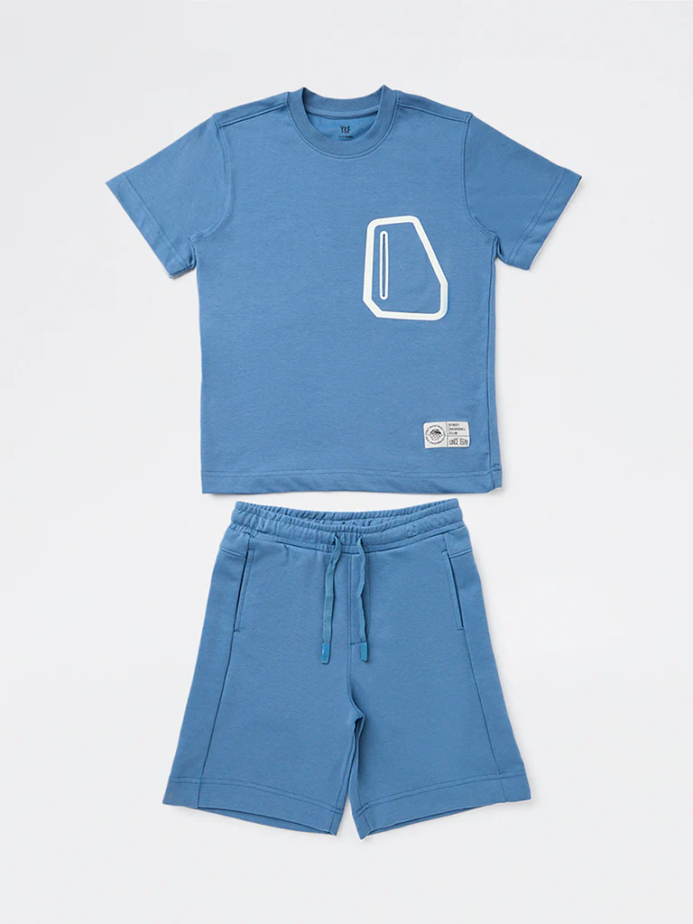 Y&F Kids Boys Blue Cotton-Blend T-Shirt and Shorts Set