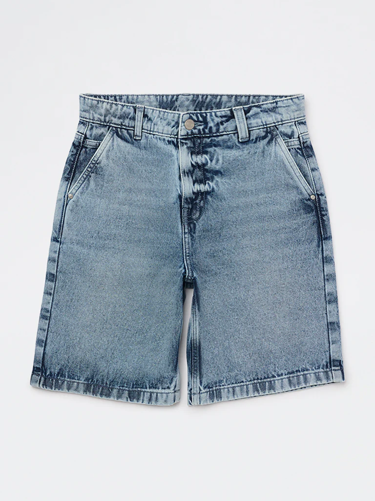 Y&F Kids Boys Blue Faded Mid-Rise Denim Shorts