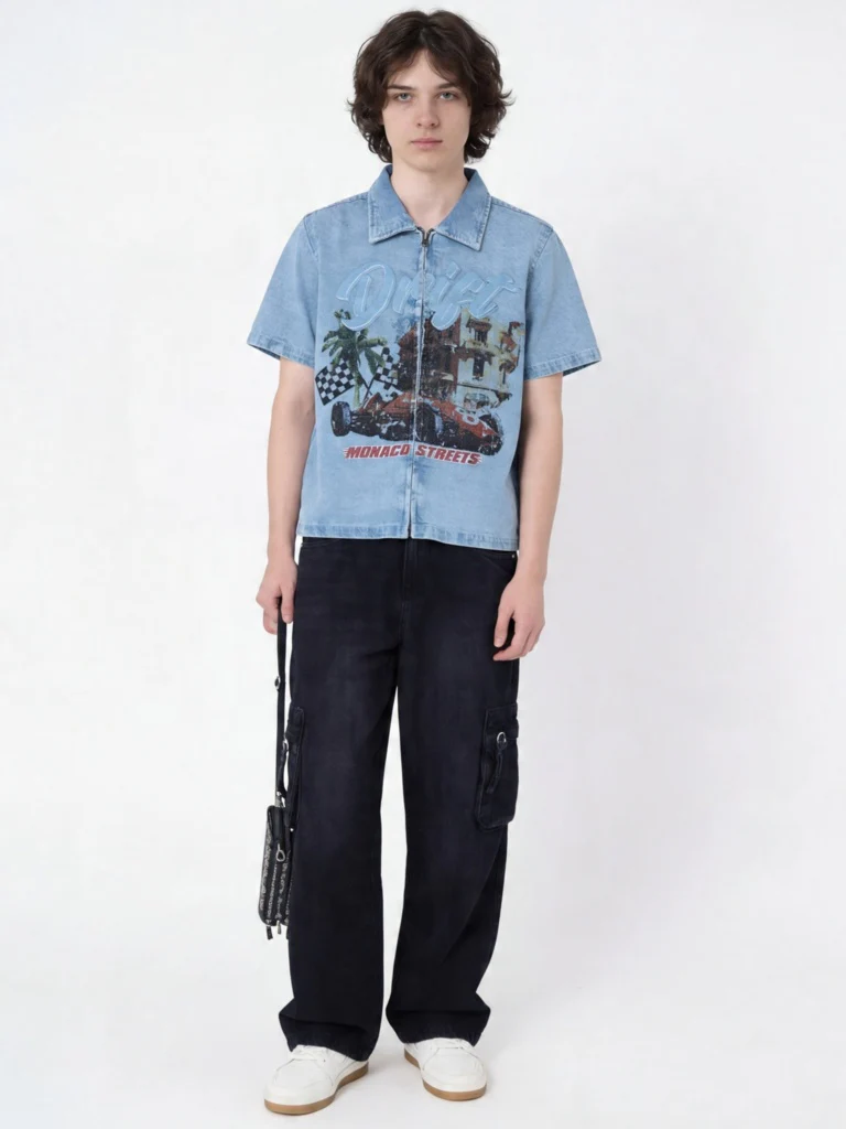 Y&F Kids Boys Blue Graphic Print Zip-Up Denim Shirt